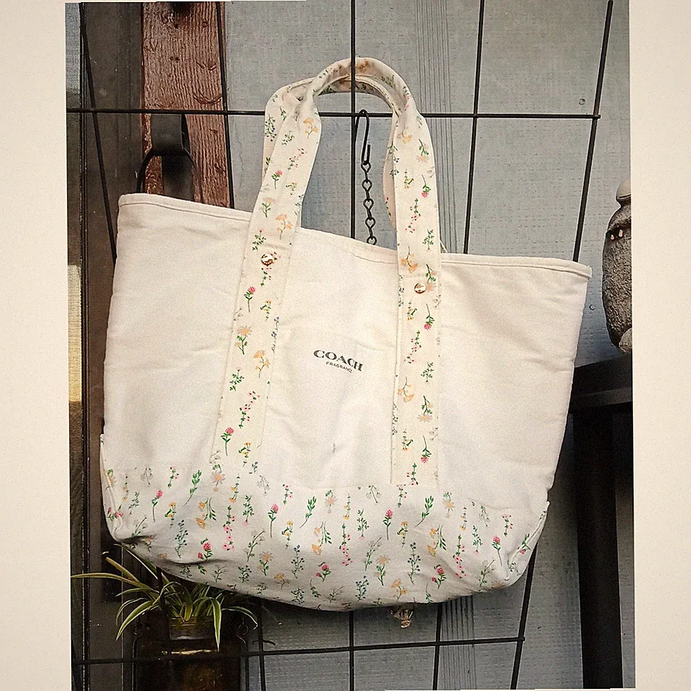 Coach Fragrance White Canvas Floral Print Tote Bag Pink Lining Double Handles