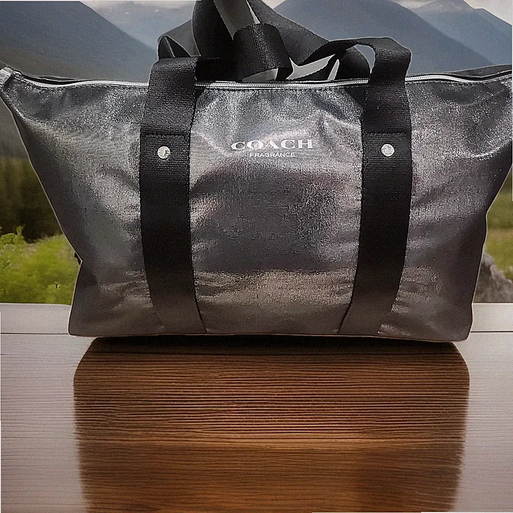 COACH FRAGRANCE WOMENS TOTE BAG NEW DARK GRAY SLIVER SHINY 10" H X 15" W X 7" D